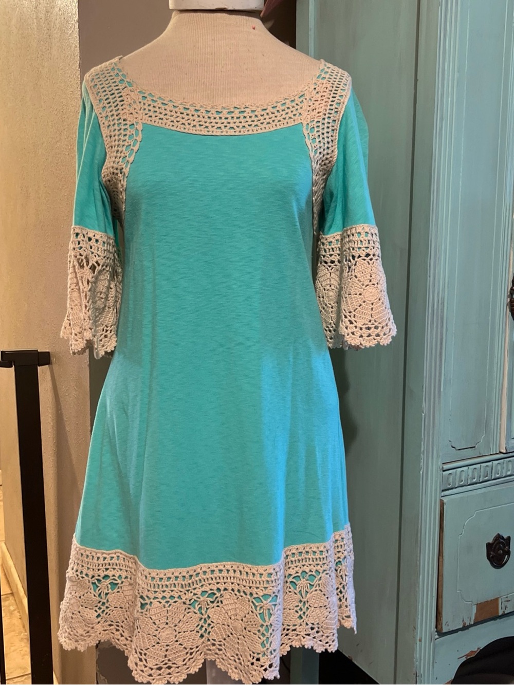 Judith March Small S Cotton Dress Crochet Detail Bell Sleeve Summer Vacation
